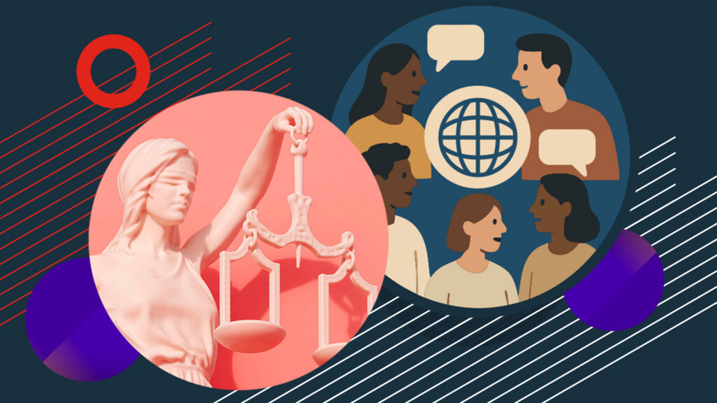 Illustrations including Lady Justice and a group of international people conversing