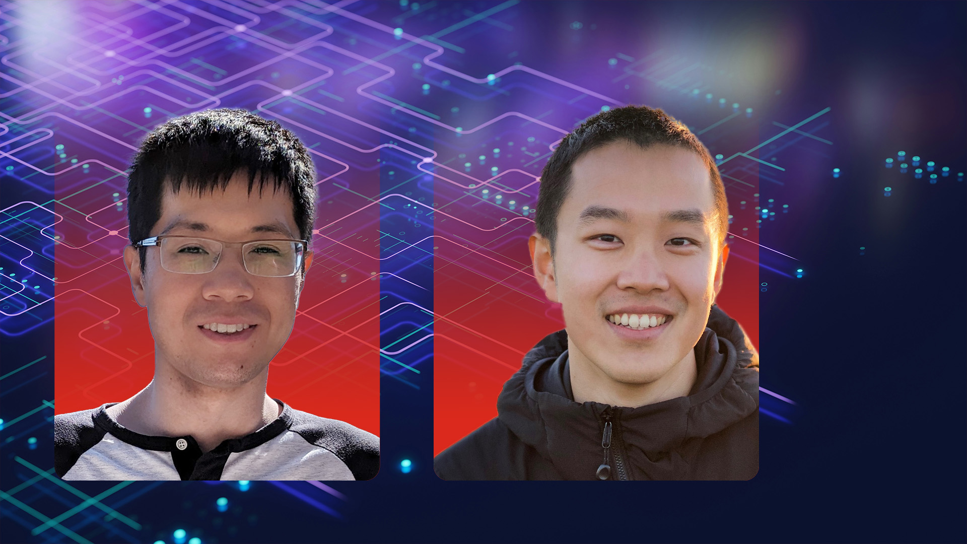 Faces of two people on top of an abstract background